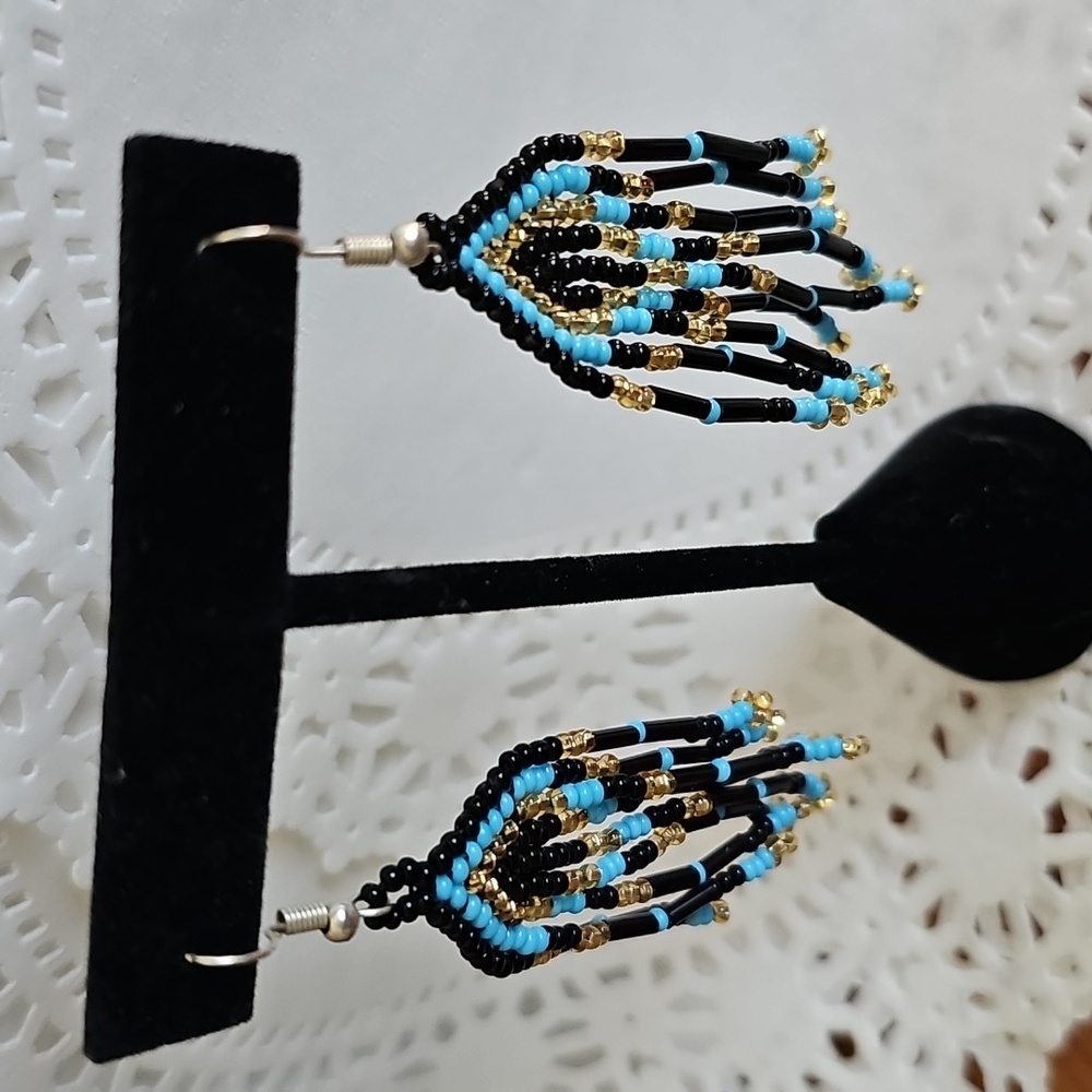Chic Beaded Fringe Earrings in Black, Blue, and Gold - Picture 2 of 4